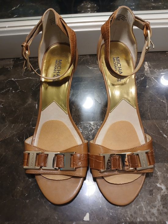 MICHAEL Michael Kors Shoes - MICHAEL Michael Kors Tan and Gold Open-Toe Ankle-Strap Heels